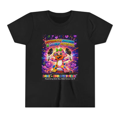 Panz™ Youth Short Sleeve Tee – "Differently Amazing & Loudly Autistic!" Graphic | Smile Universe Collection