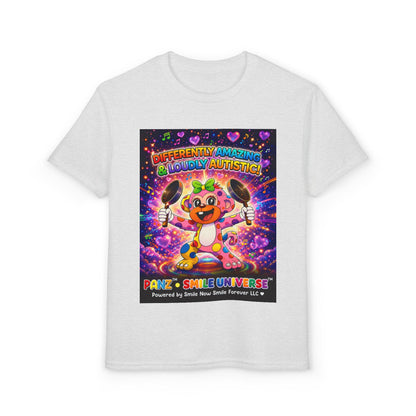Panz™ Youth DryBlend® T-Shirt – "Differently Amazing & Loudly Autistic!" Graphic | Smile Universe Collection