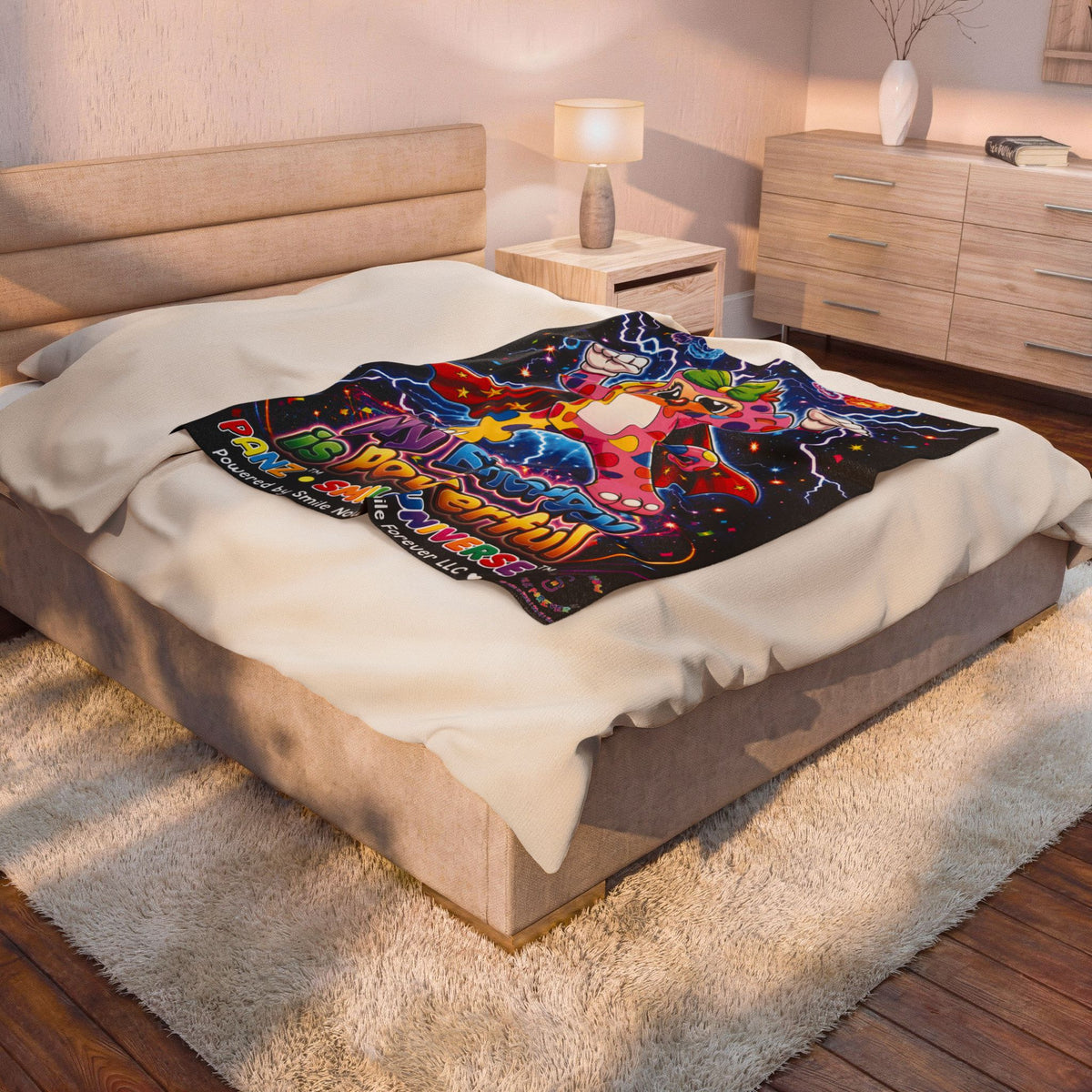 Panz™ Velveteen Plush Blanket – "My Energy is Powerful" Graphic Throw | Smile Universe Collection