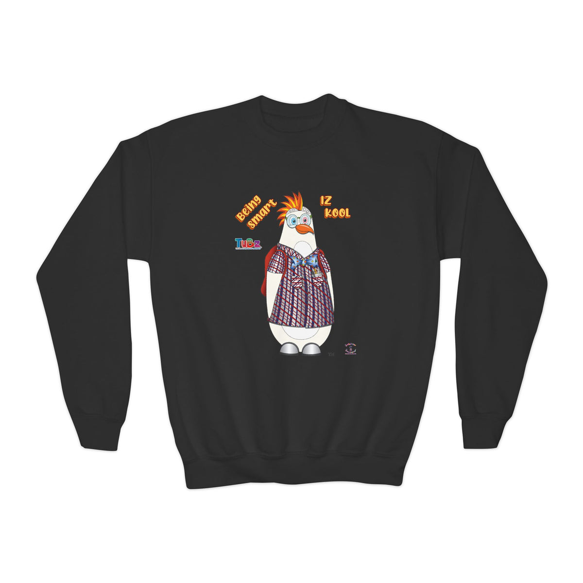 TuBz™ "Being Smart Iz Kool" Youth Crewneck Sweatshirt – Character Dress-Up Graphic Sweatshirt | Smile Universe TuBz4Kidz Collection