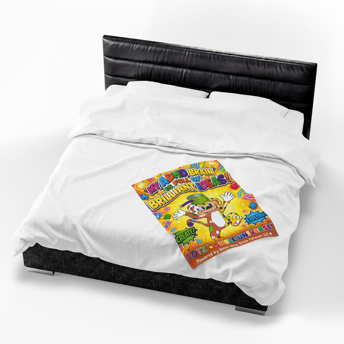 Potz™ Velveteen Plush Blanket – "My ADHD Brain is Full of Brilliant Ideas!" Graphic Throw | Smile Universe Collection