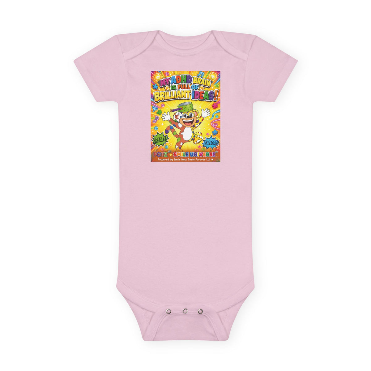 Potz™ Baby Short Sleeve Onesie® – "My ADHD Brain is Full of Brilliant Ideas!" Graphic Bodysuit | Smile Universe Collection