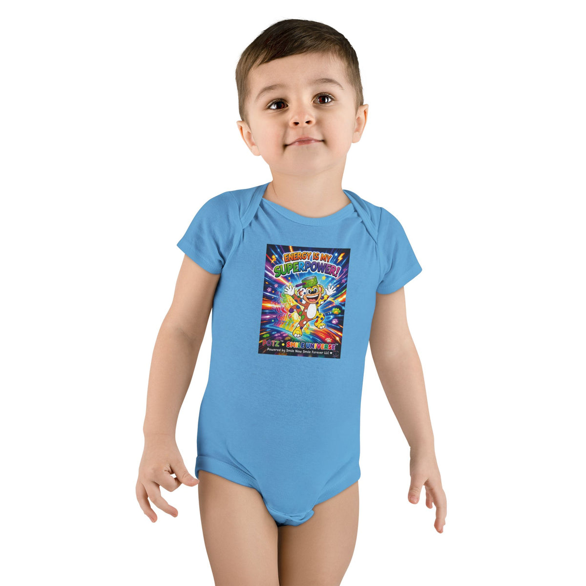 Potz™ Baby Short Sleeve Onesie® – "Energy is My Superpower!" Graphic Bodysuit | Smile Universe Collection