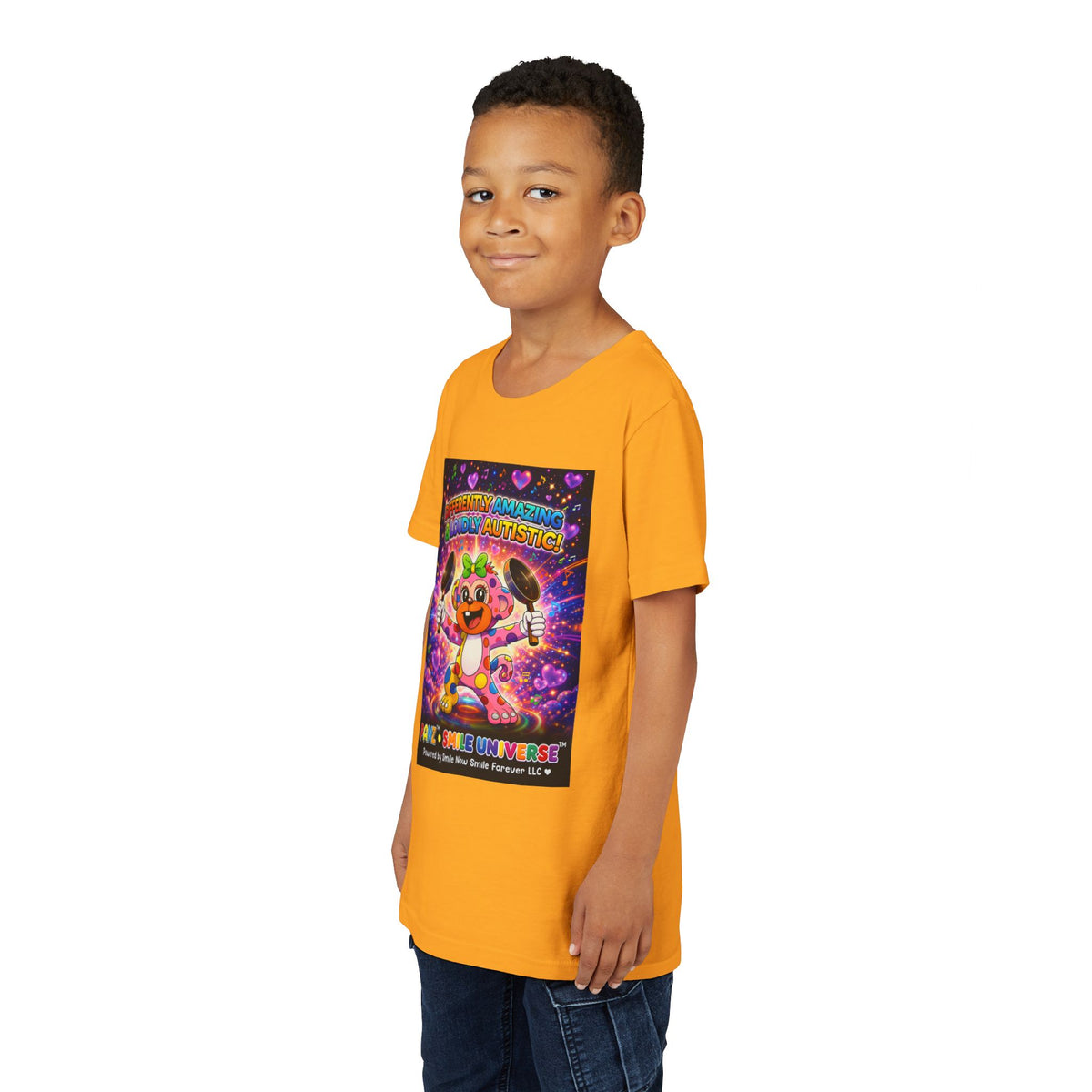 Panz™ Youth Short Sleeve Tee – "Differently Amazing & Loudly Autistic!" Graphic | Smile Universe Collection