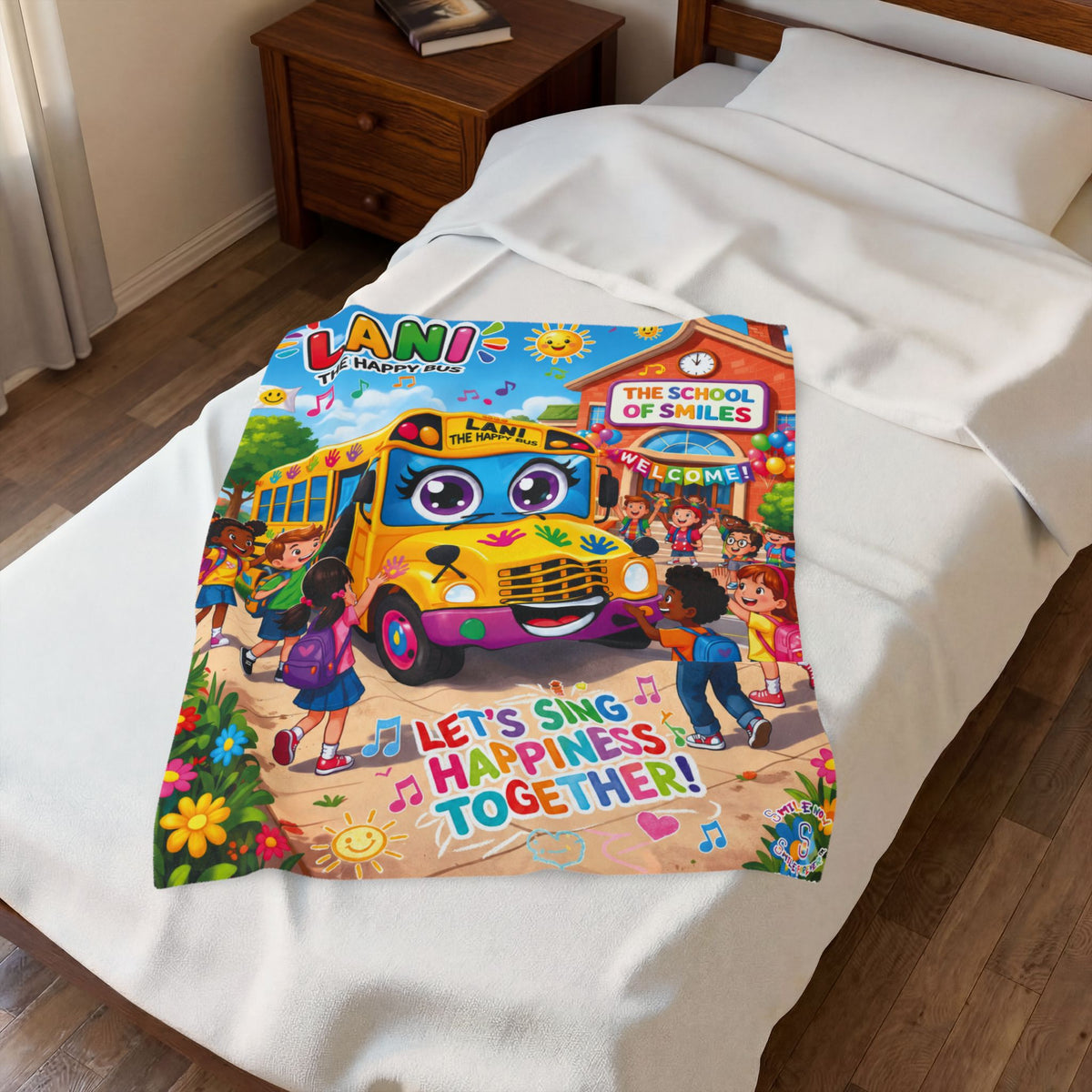 Lani the Happy Bus Kids Velveteen Blanket — "Let's Sing Happiness Together" Cozy Throw