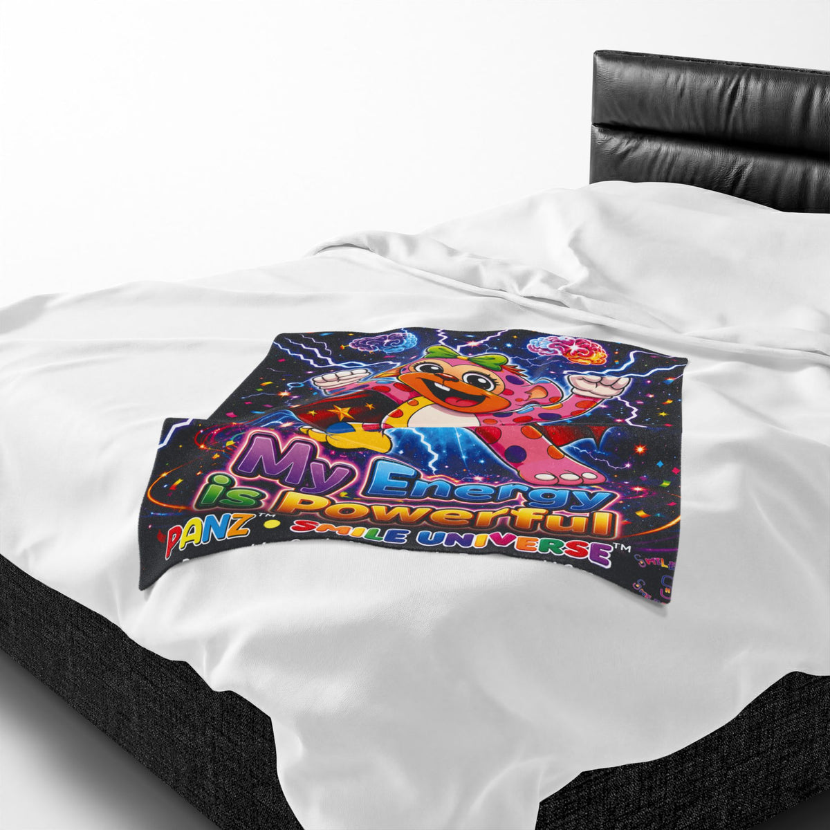 Panz™ Velveteen Plush Blanket – "My Energy is Powerful" Graphic Throw | Smile Universe Collection