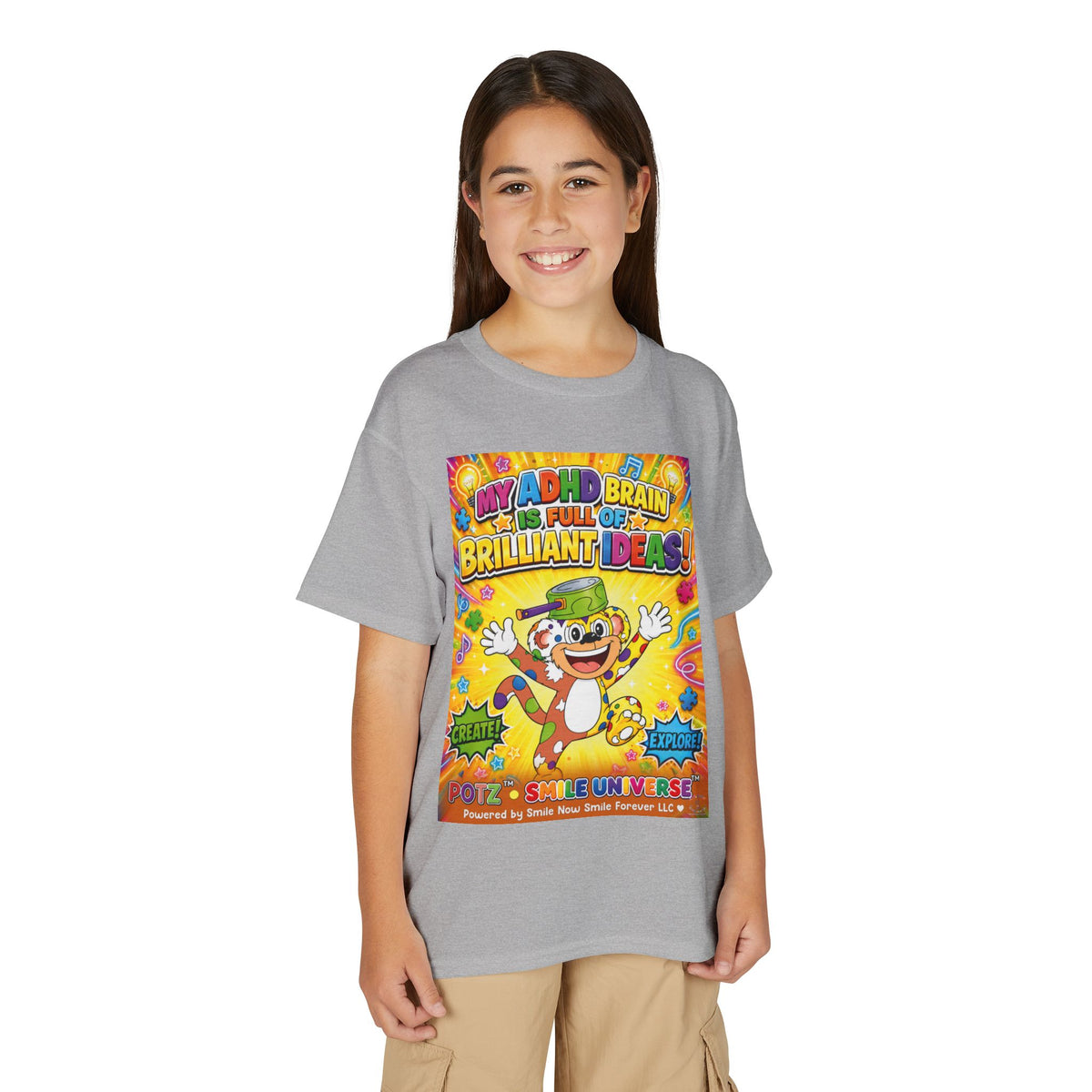 Potz™ Youth DryBlend® T-Shirt – "My ADHD Brain is Full of Brilliant Ideas!" Graphic Tee | Smile Universe Collection