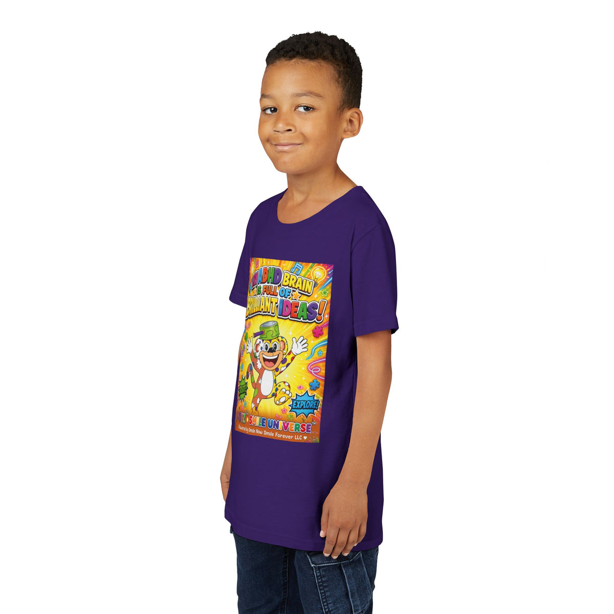 Potz™ Youth Short Sleeve Tee – "My ADHD Brain is Full of Brilliant Ideas!" Graphic Tee | Smile Universe Collection