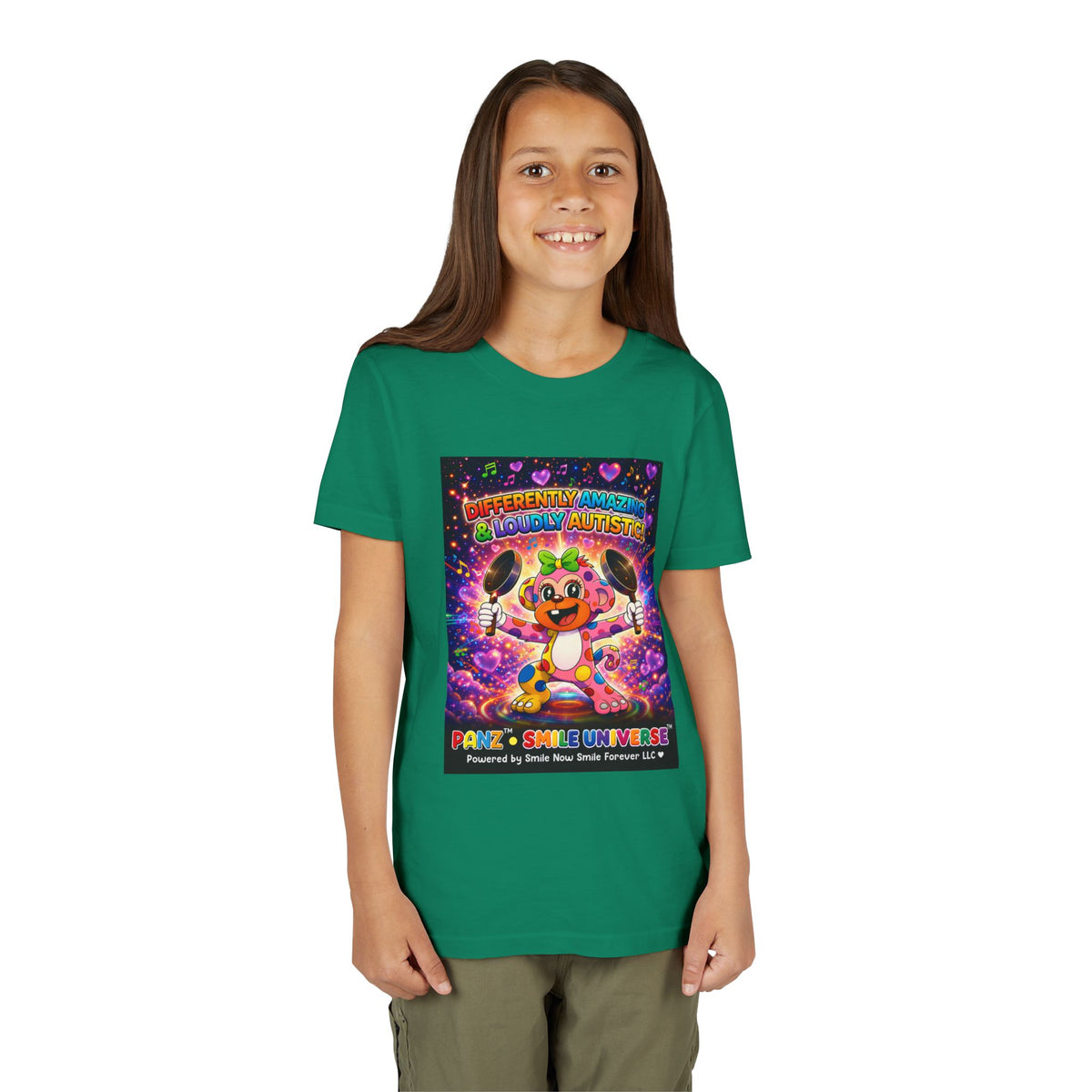 Panz™ Youth Short Sleeve Tee – "Differently Amazing & Loudly Autistic!" Graphic | Smile Universe Collection