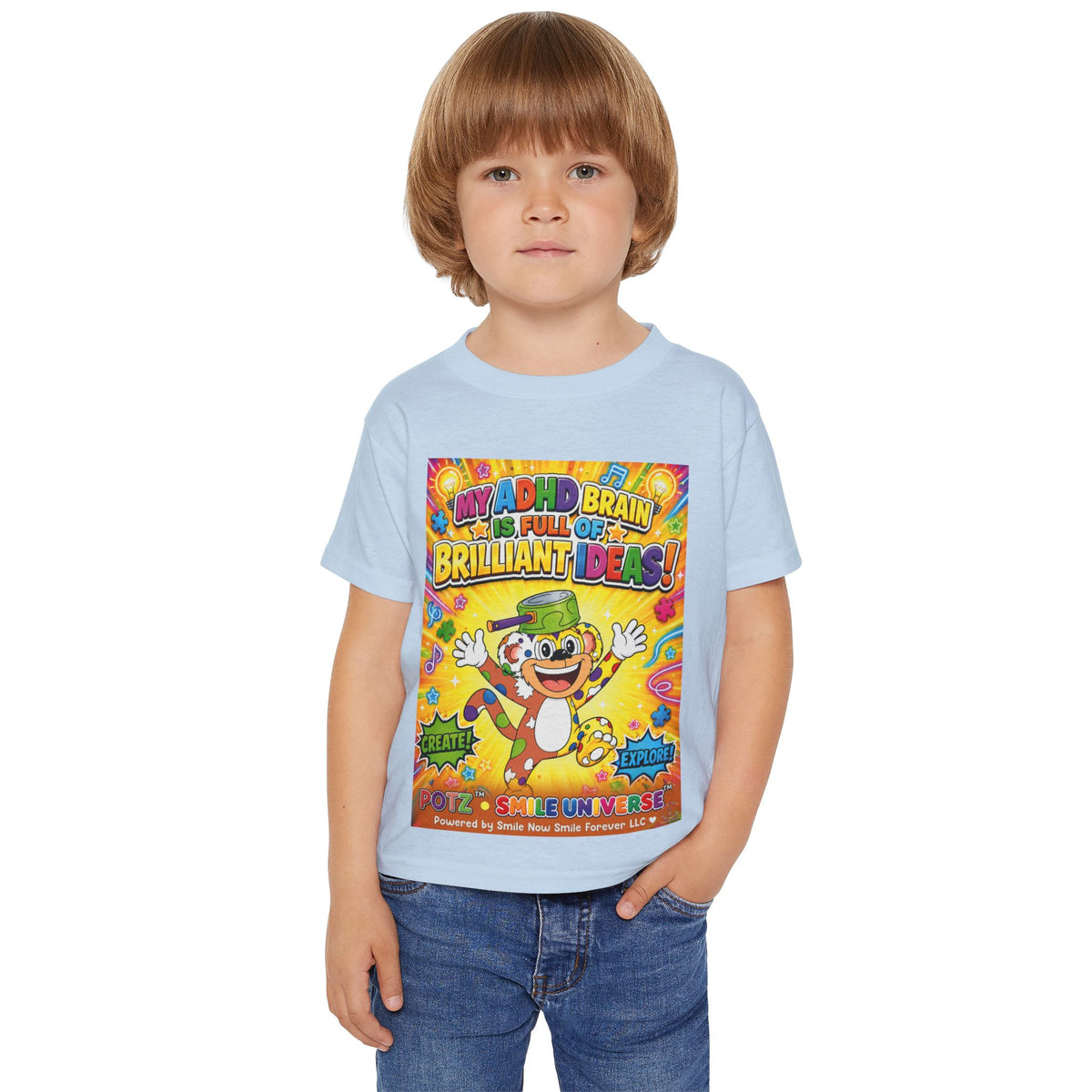Potz™ Heavy Cotton™ Toddler T-Shirt – "My ADHD Brain is Full of Brilliant Ideas!" Graphic Tee | Smile Universe Collection