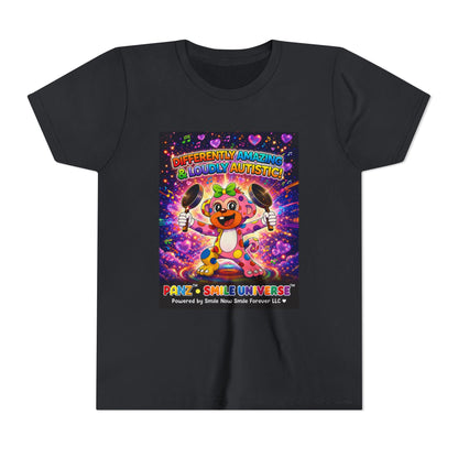 Panz™ Youth Short Sleeve Tee – "Differently Amazing & Loudly Autistic!" Graphic | Smile Universe Collection