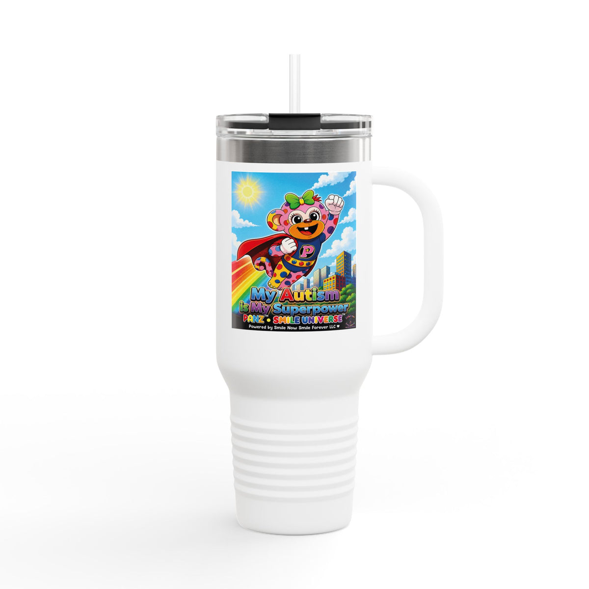 Panz™ 40oz Insulated Travel Mug – "My Autism is My Superpower" Graphic | Smile Universe Collection