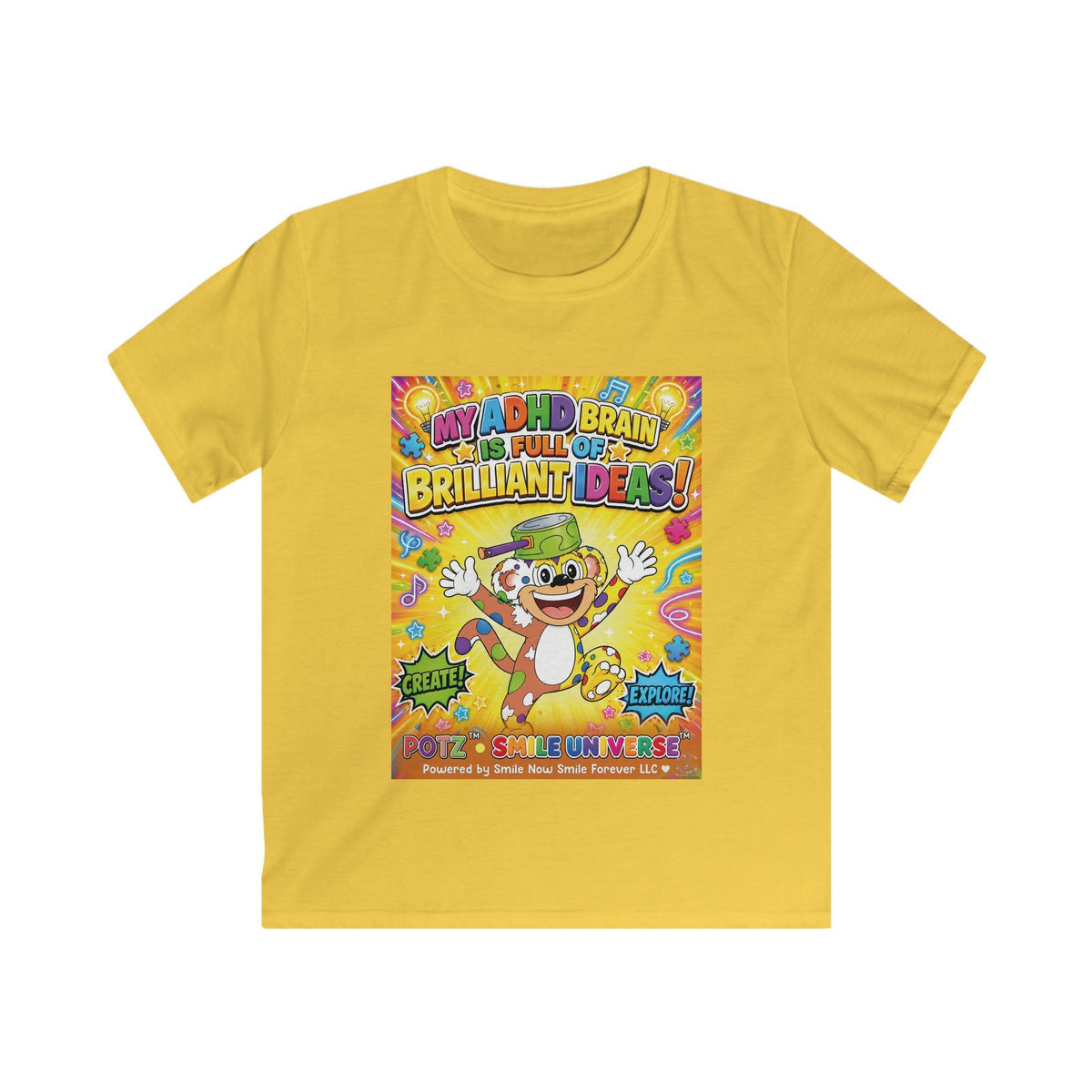 Potz™ Kids Softstyle Tee – "My ADHD Brain is Full of Brilliant Ideas!" Graphic Tee | Smile Universe Collection
