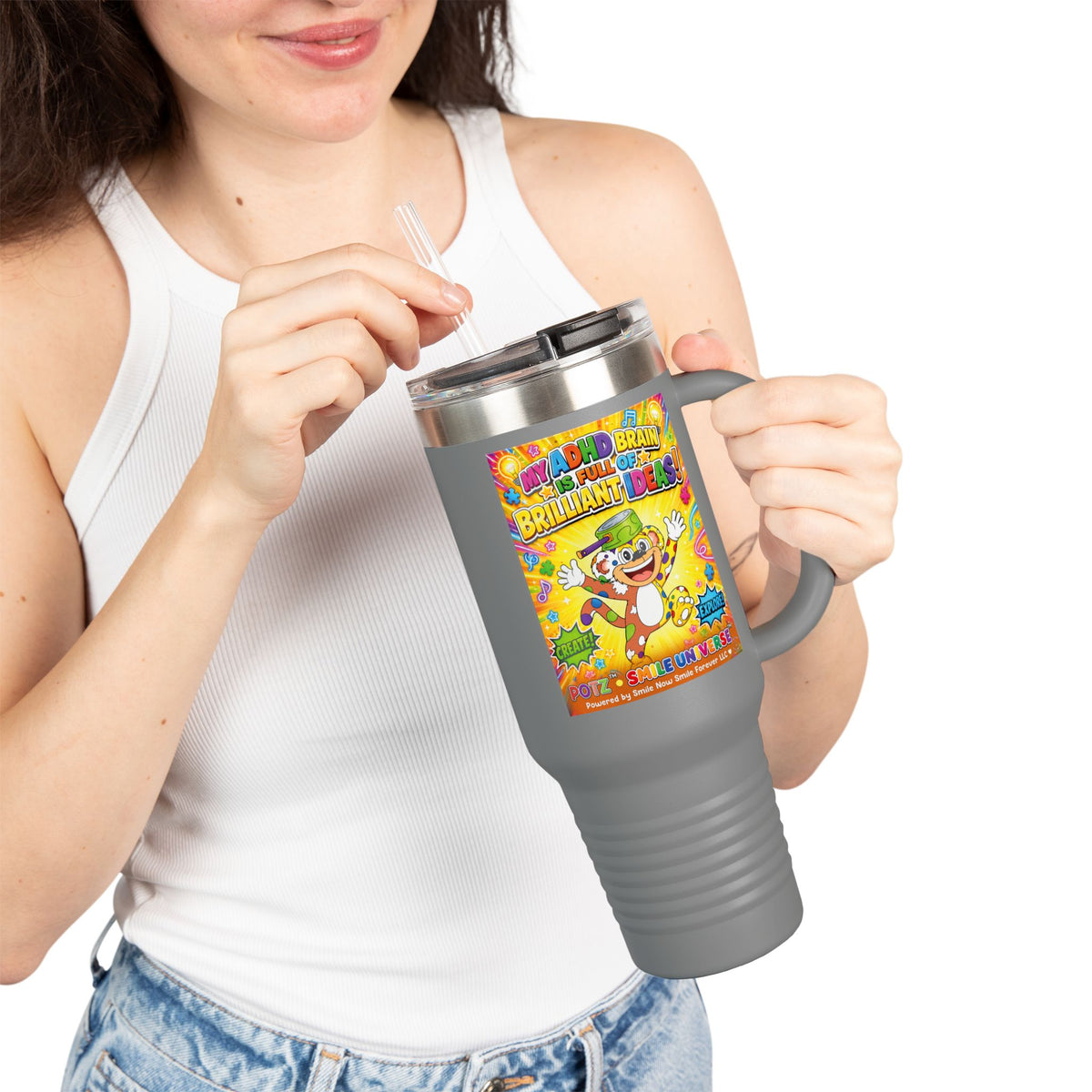 Potz™ Insulated Travel Mug 40oz – "My ADHD Brain is Full of Brilliant Ideas!" Graphic Tumbler | Smile Universe Collection