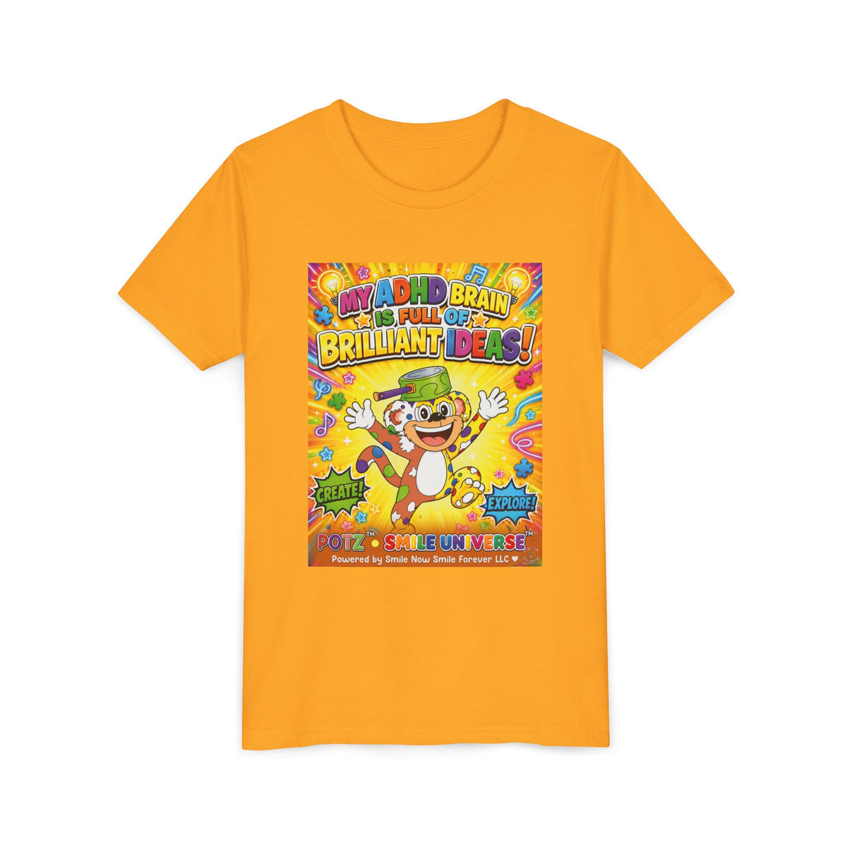 Potz™ Youth Short Sleeve Tee – "My ADHD Brain is Full of Brilliant Ideas!" Graphic Tee | Smile Universe Collection
