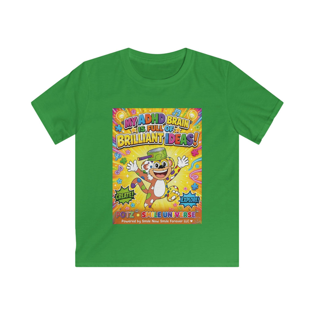 Potz™ Kids Softstyle Tee – "My ADHD Brain is Full of Brilliant Ideas!" Graphic Tee | Smile Universe Collection