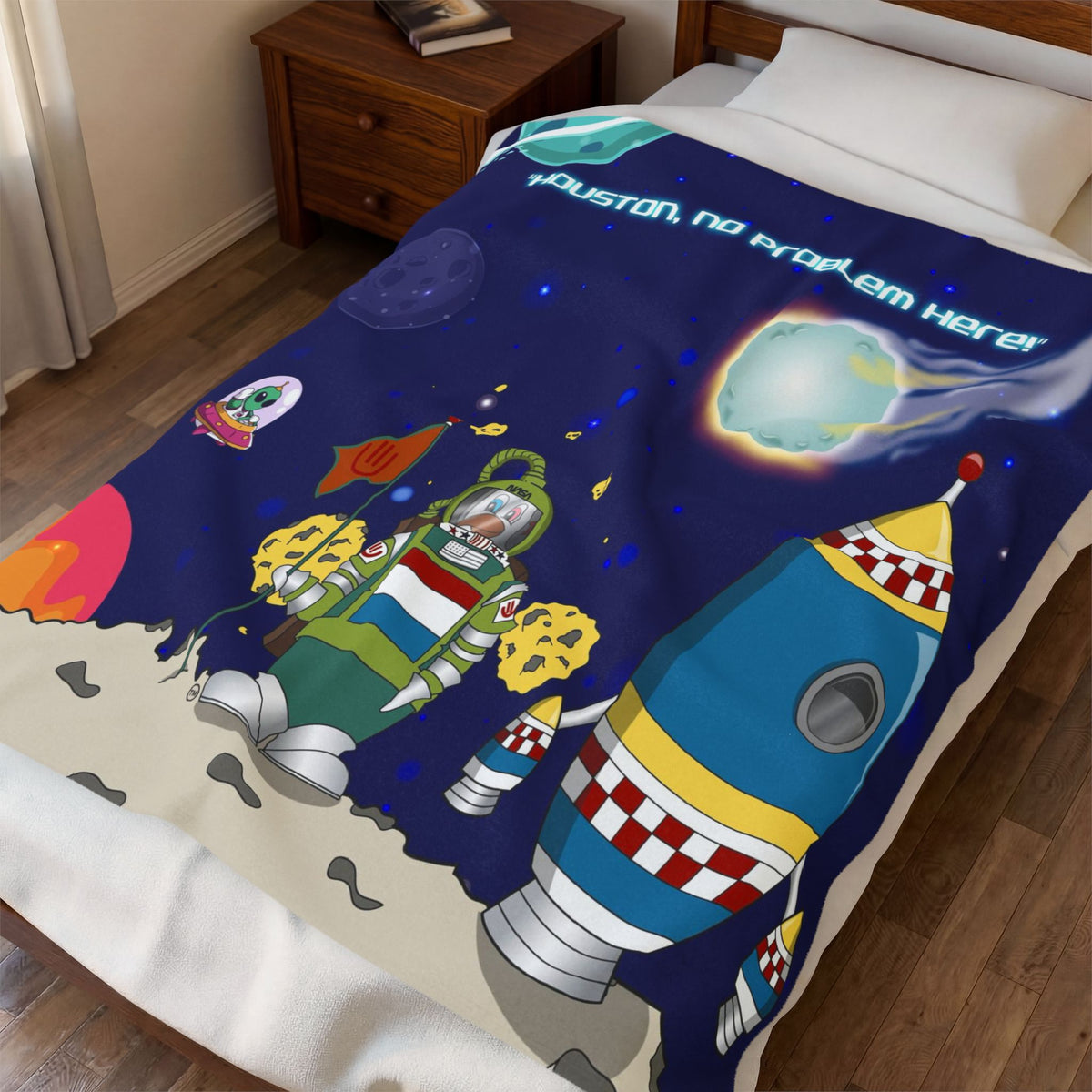 TuBz™ Velveteen Plush Blanket – "Houston, No Problem Here!" Graphic | Smile Universe Collection