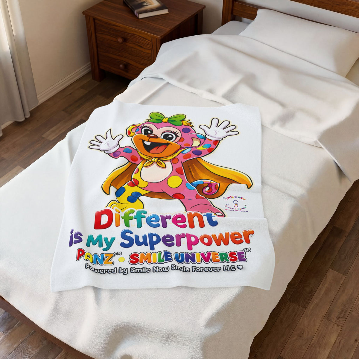 Panz™ Velveteen Plush Blanket – "Different is My Superpower" Graphic | Smile Universe Collection