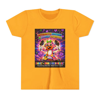 Panz™ Youth Short Sleeve Tee – "Differently Amazing & Loudly Autistic!" Graphic | Smile Universe Collection