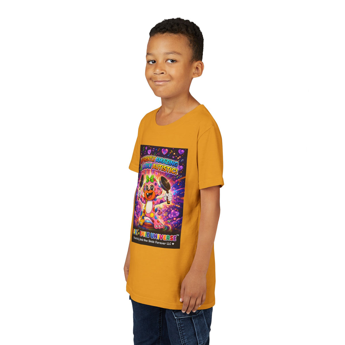 Panz™ Youth Short Sleeve Tee – "Differently Amazing & Loudly Autistic!" Graphic | Smile Universe Collection