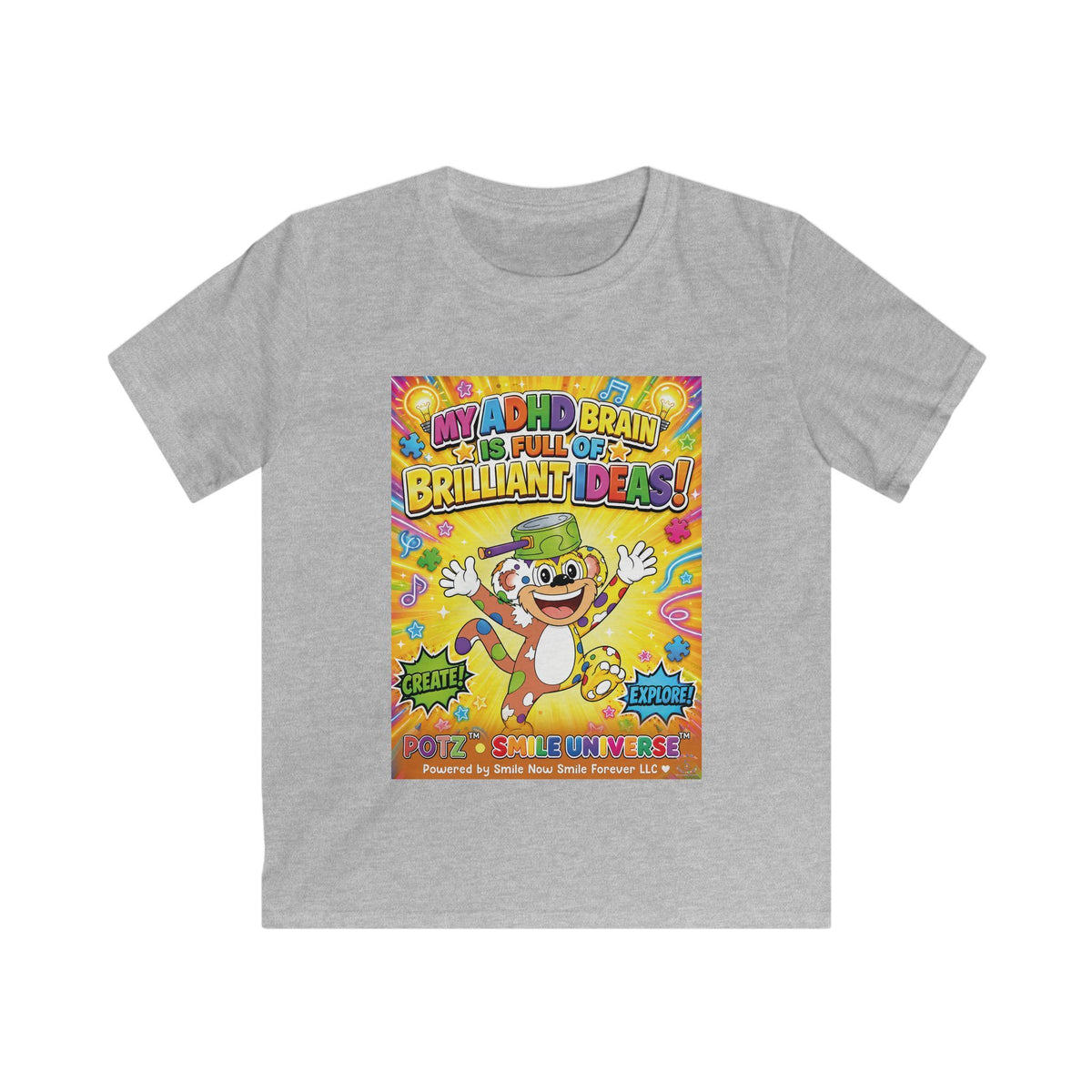 Potz™ Kids Softstyle Tee – "My ADHD Brain is Full of Brilliant Ideas!" Graphic Tee | Smile Universe Collection
