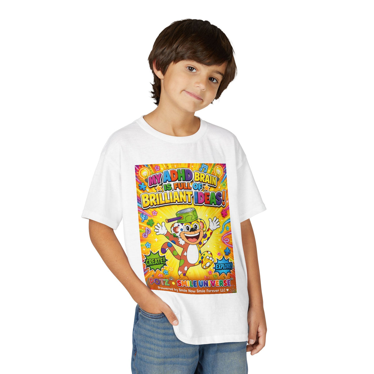 Potz™ Youth DryBlend® T-Shirt – "My ADHD Brain is Full of Brilliant Ideas!" Graphic Tee | Smile Universe Collection
