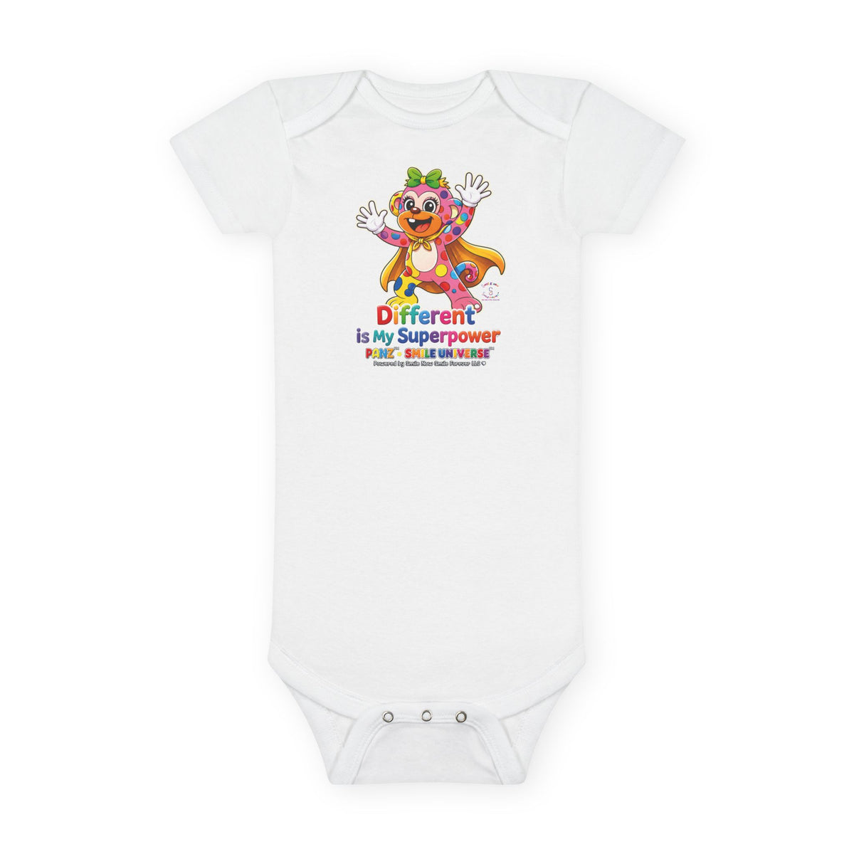 Panz™ Baby Short Sleeve Onesie® – "Different is My Superpower" Graphic | Smile Universe Collection