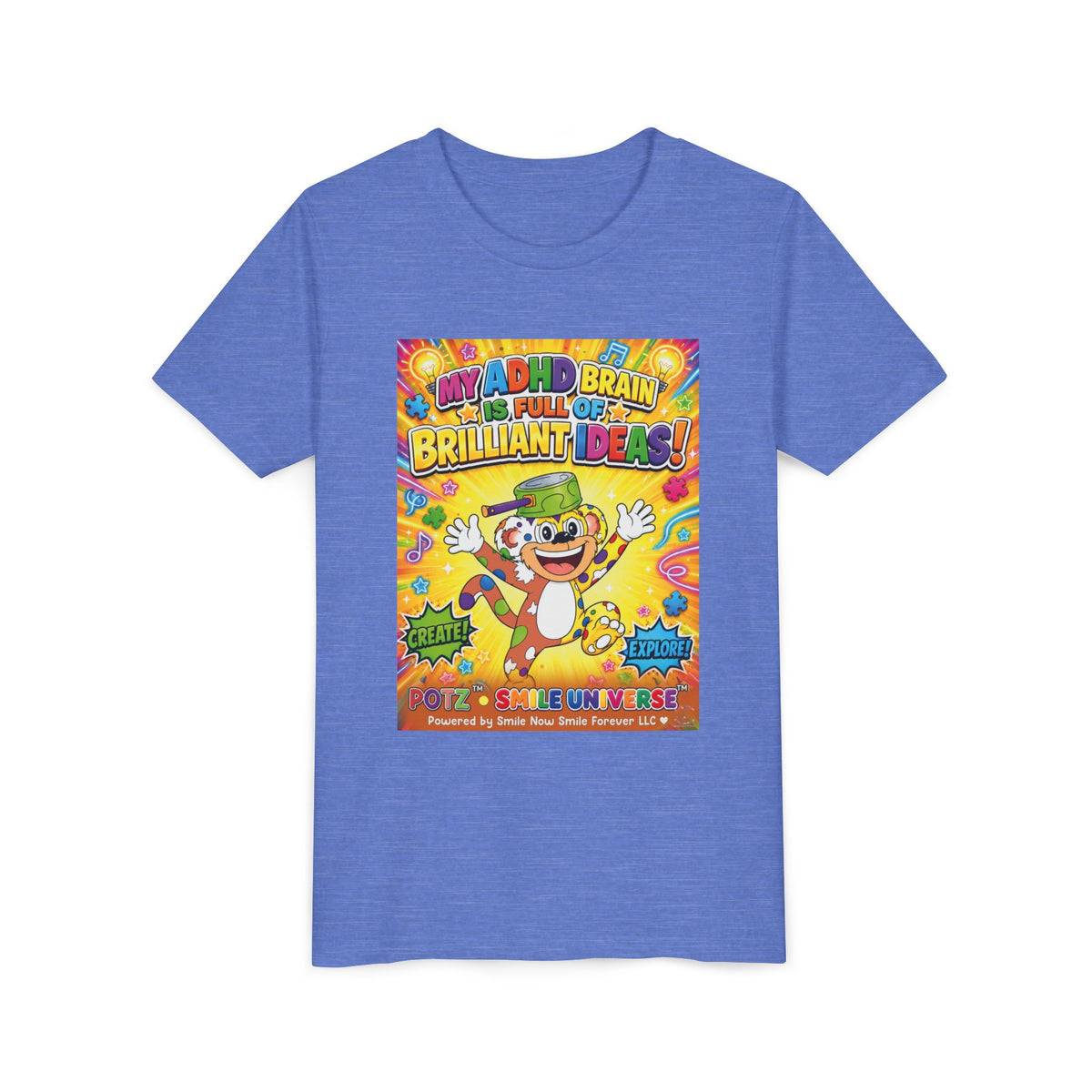 Potz™ Youth Short Sleeve Tee – "My ADHD Brain is Full of Brilliant Ideas!" Graphic Tee | Smile Universe Collection