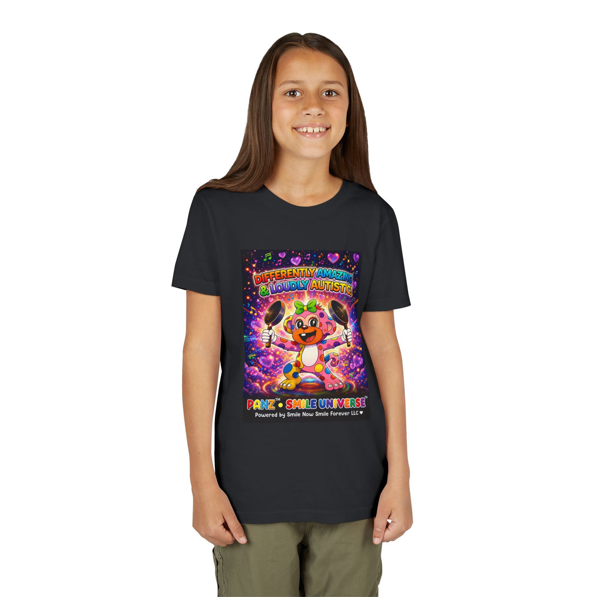 Panz™ Youth Short Sleeve Tee – "Differently Amazing & Loudly Autistic!" Graphic | Smile Universe Collection