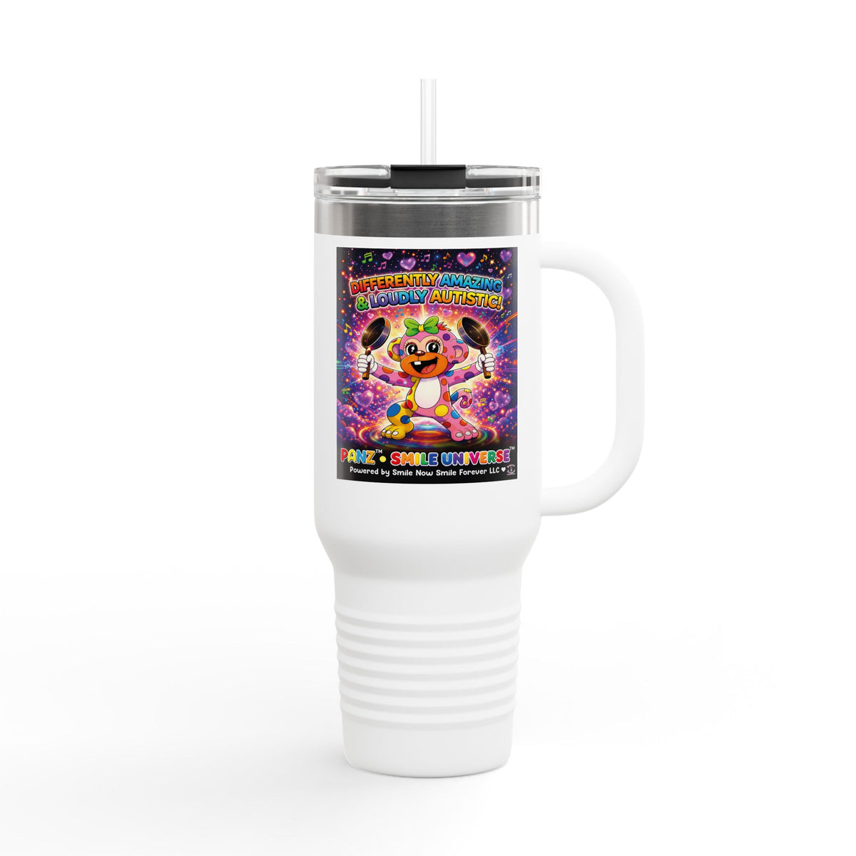 Panz™ 40oz Insulated Travel Mug – "Differently Amazing & Loudly Autistic!" Graphic | Smile Universe Collection