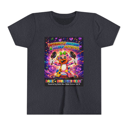 Panz™ Youth Short Sleeve Tee – "Differently Amazing & Loudly Autistic!" Graphic | Smile Universe Collection