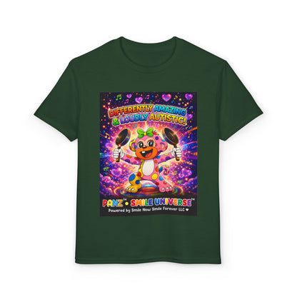Panz™ Youth DryBlend® T-Shirt – "Differently Amazing & Loudly Autistic!" Graphic | Smile Universe Collection
