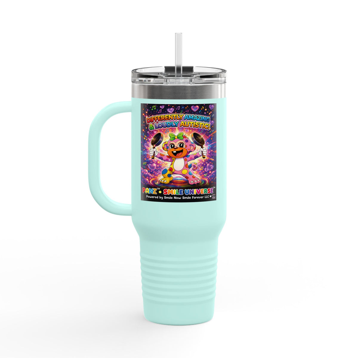 Panz™ 40oz Insulated Travel Mug – "Differently Amazing & Loudly Autistic!" Graphic | Smile Universe Collection