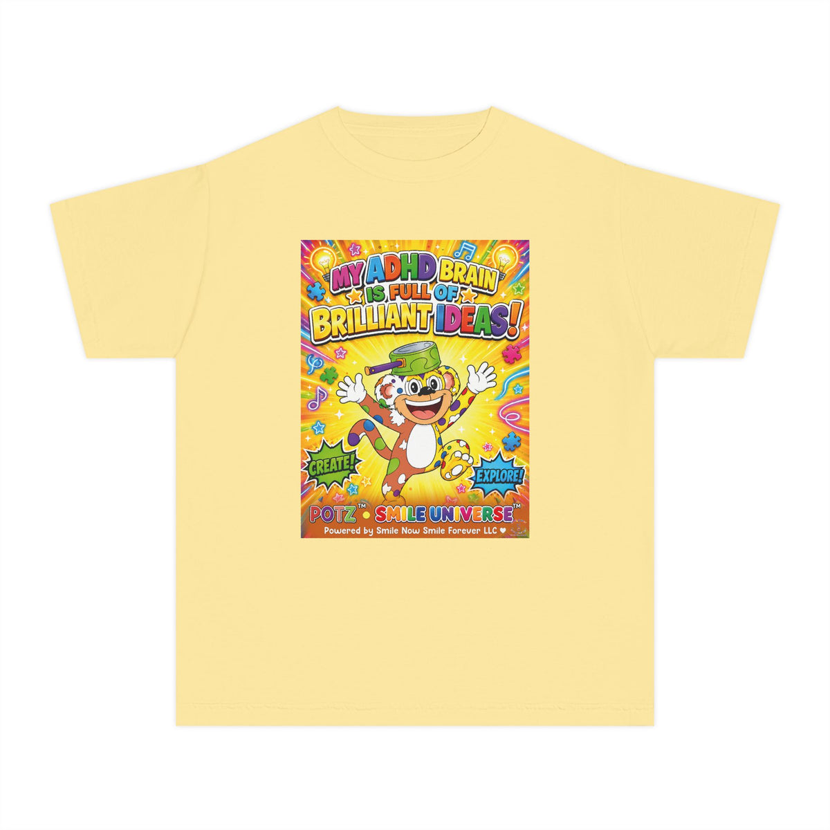 Potz™ Youth Midweight Tee – "My ADHD Brain is Full of Brilliant Ideas!" Graphic Tee | Smile Universe Collection