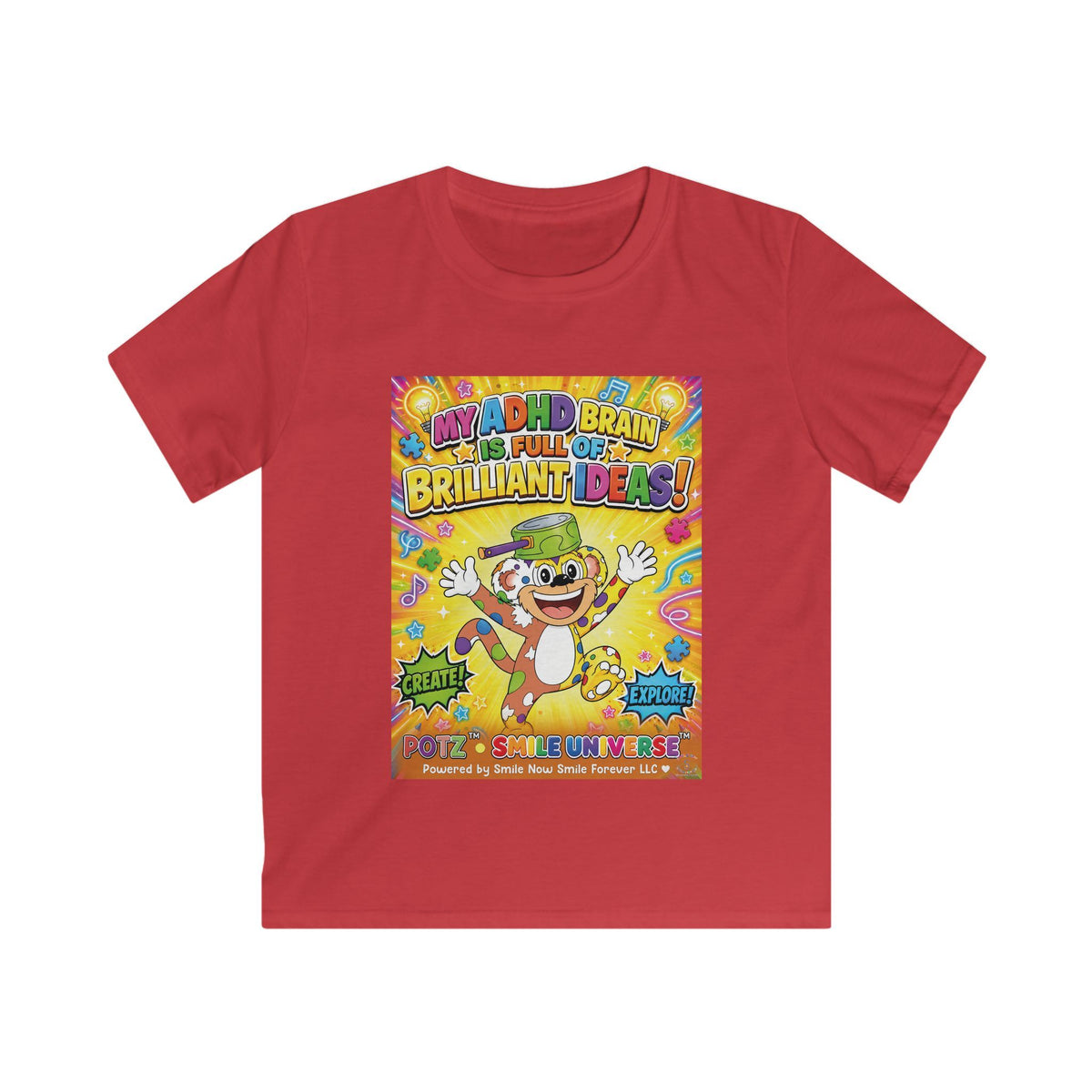 Potz™ Kids Softstyle Tee – "My ADHD Brain is Full of Brilliant Ideas!" Graphic Tee | Smile Universe Collection