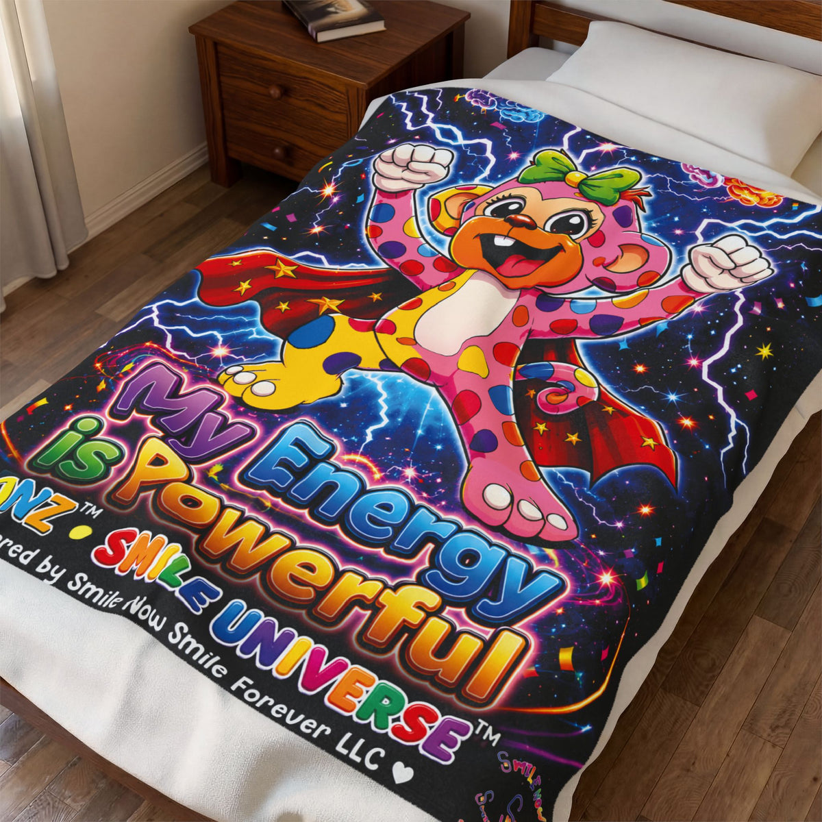Panz™ Velveteen Plush Blanket – "My Energy is Powerful" Graphic Throw | Smile Universe Collection