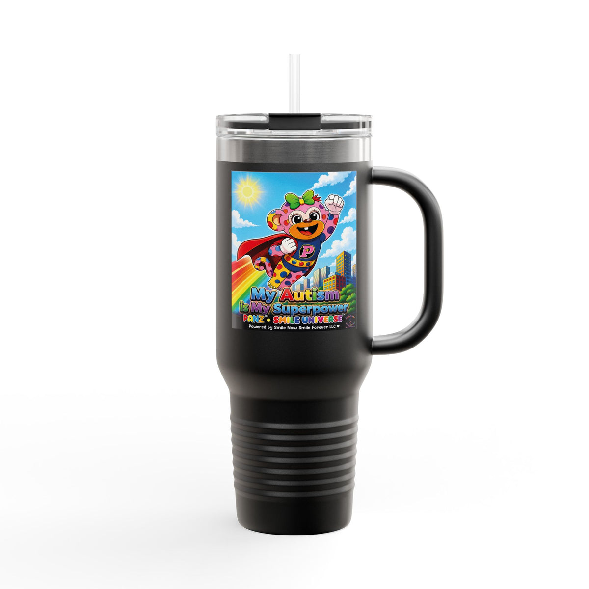 Panz™ 40oz Insulated Travel Mug – "My Autism is My Superpower" Graphic | Smile Universe Collection