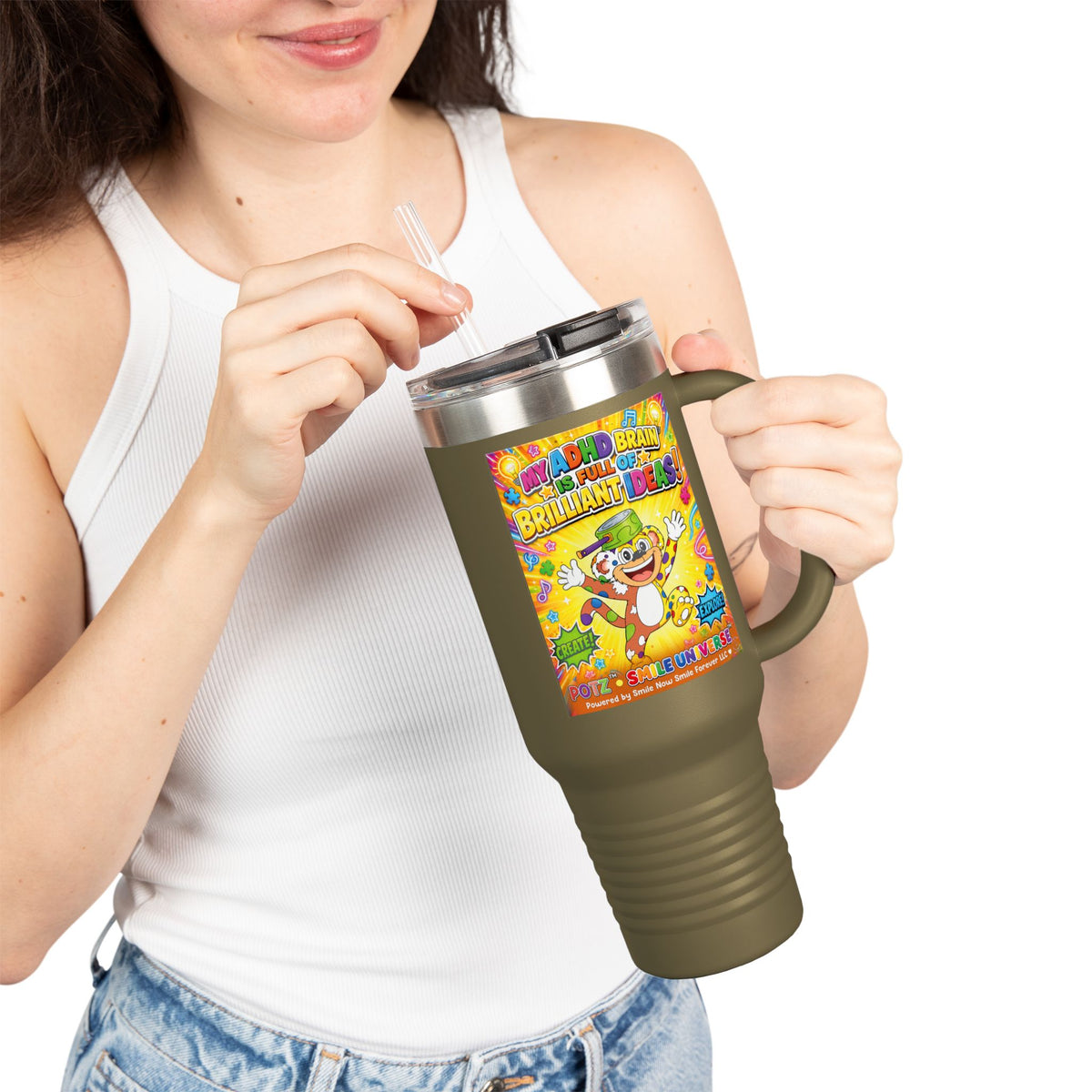 Potz™ Insulated Travel Mug 40oz – "My ADHD Brain is Full of Brilliant Ideas!" Graphic Tumbler | Smile Universe Collection