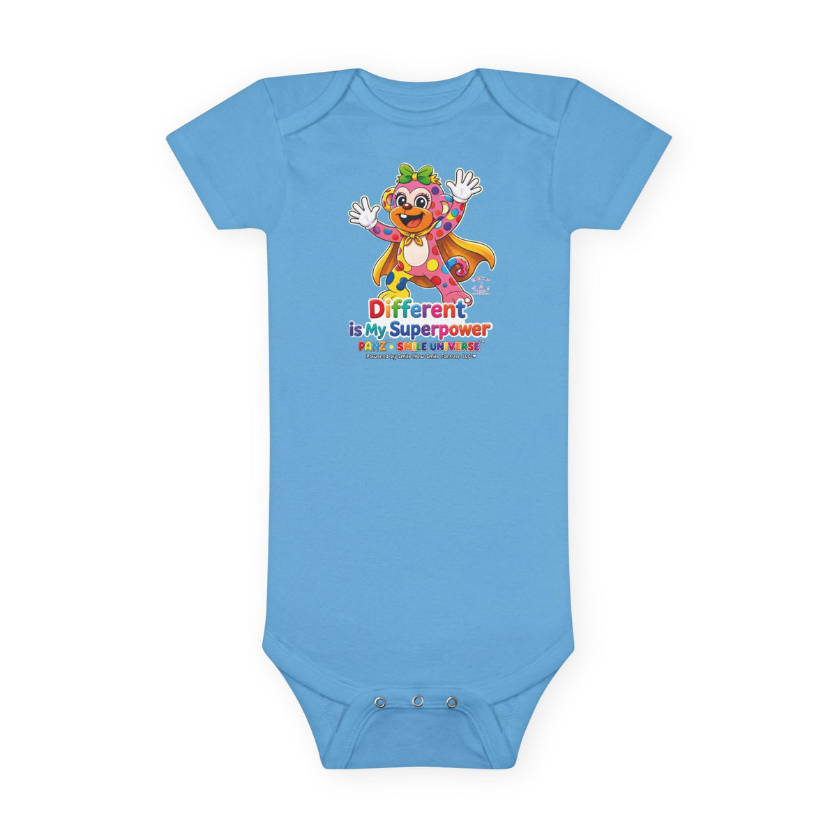Panz™ Baby Short Sleeve Onesie® – "Different is My Superpower" Graphic | Smile Universe Collection