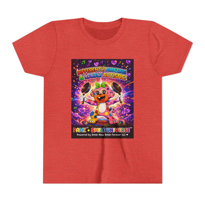 Panz™ Youth Short Sleeve Tee – "Differently Amazing & Loudly Autistic!" Graphic | Smile Universe Collection