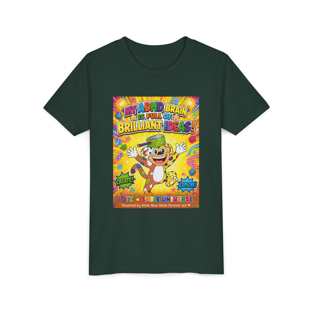 Potz™ Youth Short Sleeve Tee – "My ADHD Brain is Full of Brilliant Ideas!" Graphic Tee | Smile Universe Collection