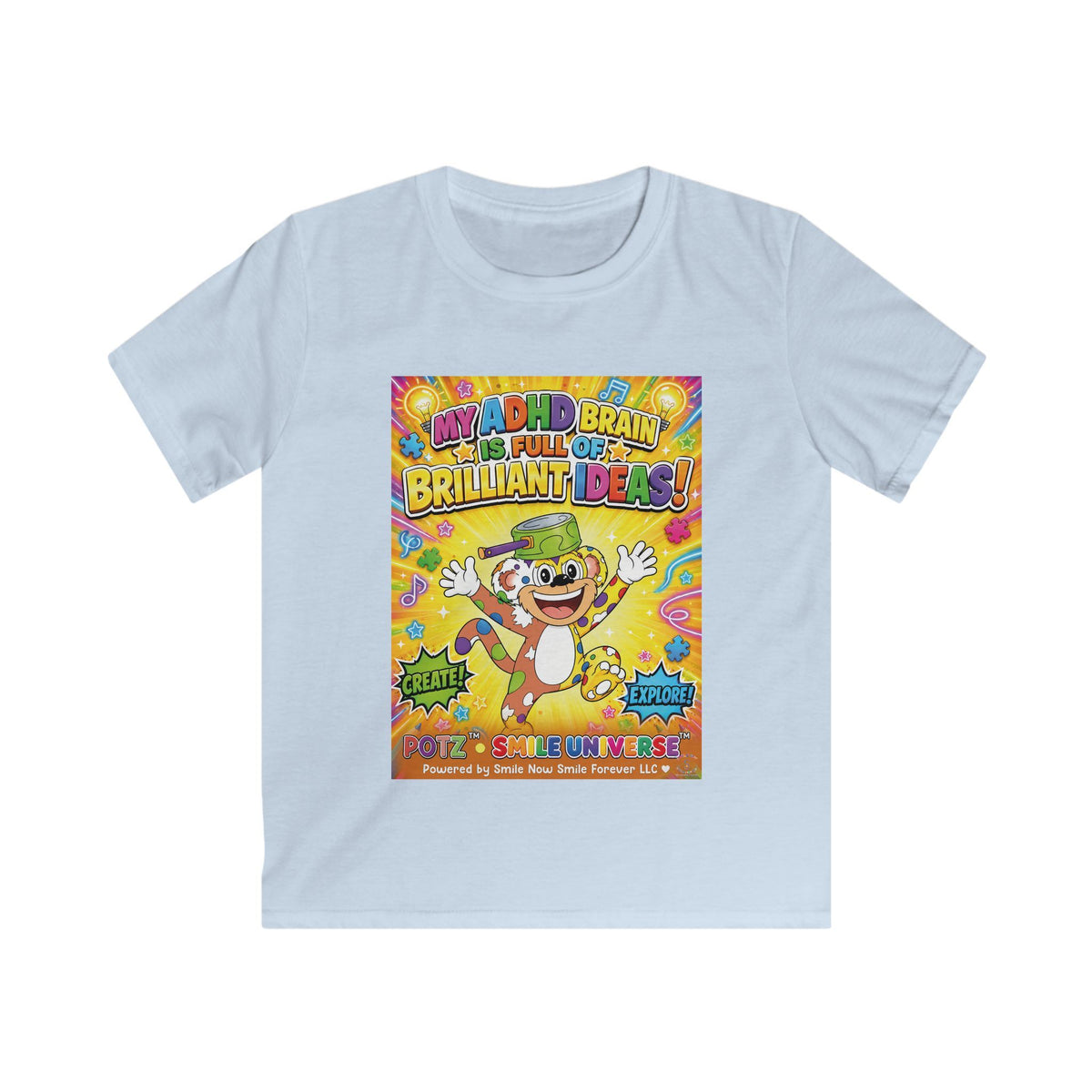 Potz™ Kids Softstyle Tee – "My ADHD Brain is Full of Brilliant Ideas!" Graphic Tee | Smile Universe Collection