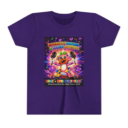 Panz™ Youth Short Sleeve Tee – "Differently Amazing & Loudly Autistic!" Graphic | Smile Universe Collection