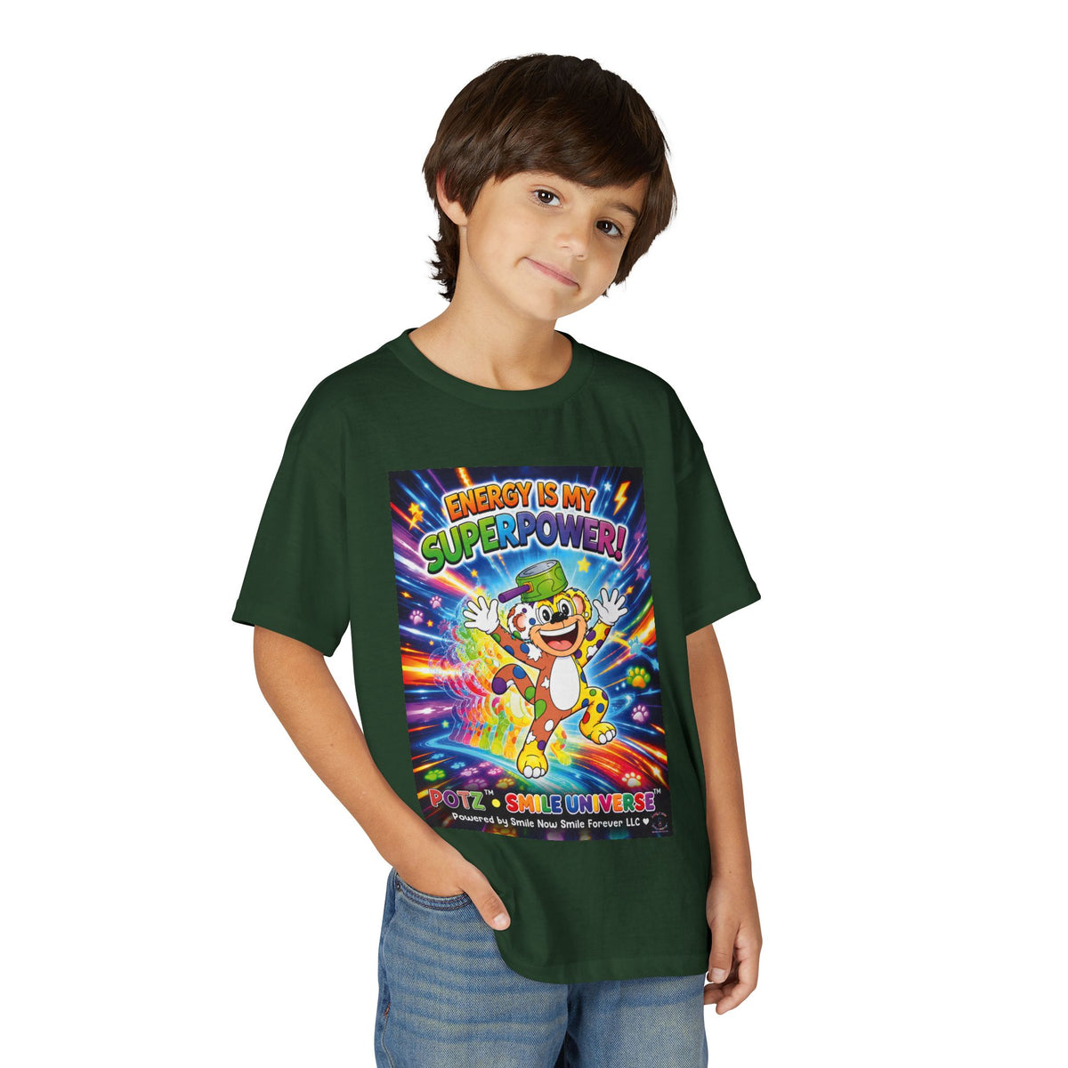 Potz™ Youth DryBlend® T-Shirt – "Energy is My Superpower!" Graphic Tee | Smile Universe Collection