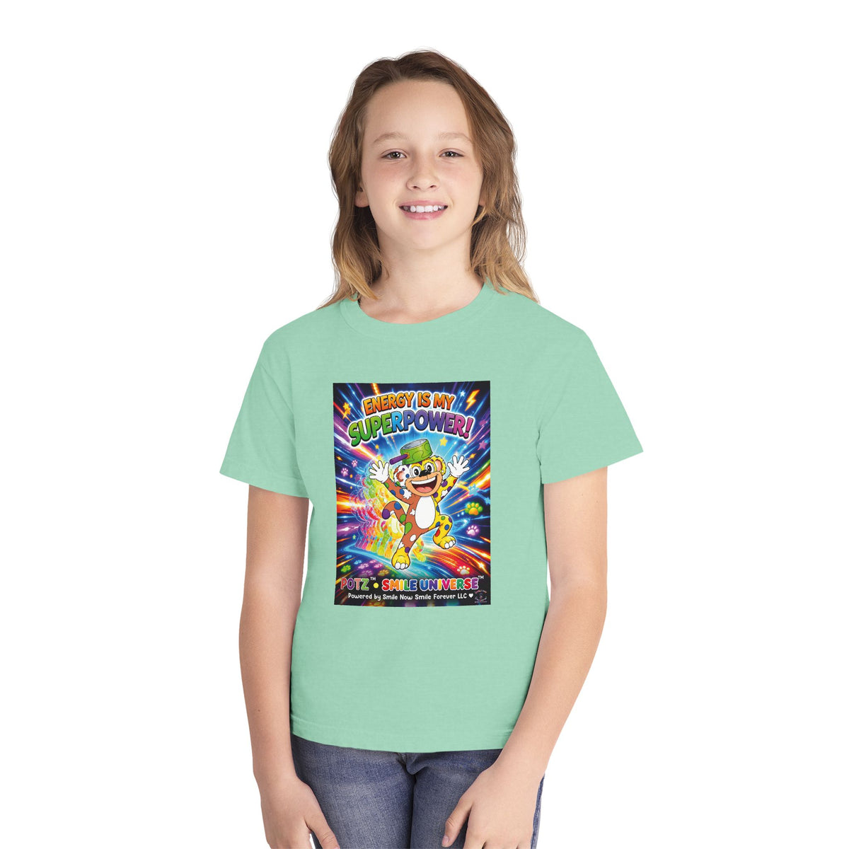 Potz™ Youth Midweight Tee – "Energy is My Superpower!" Graphic Tee | Smile Universe Collection