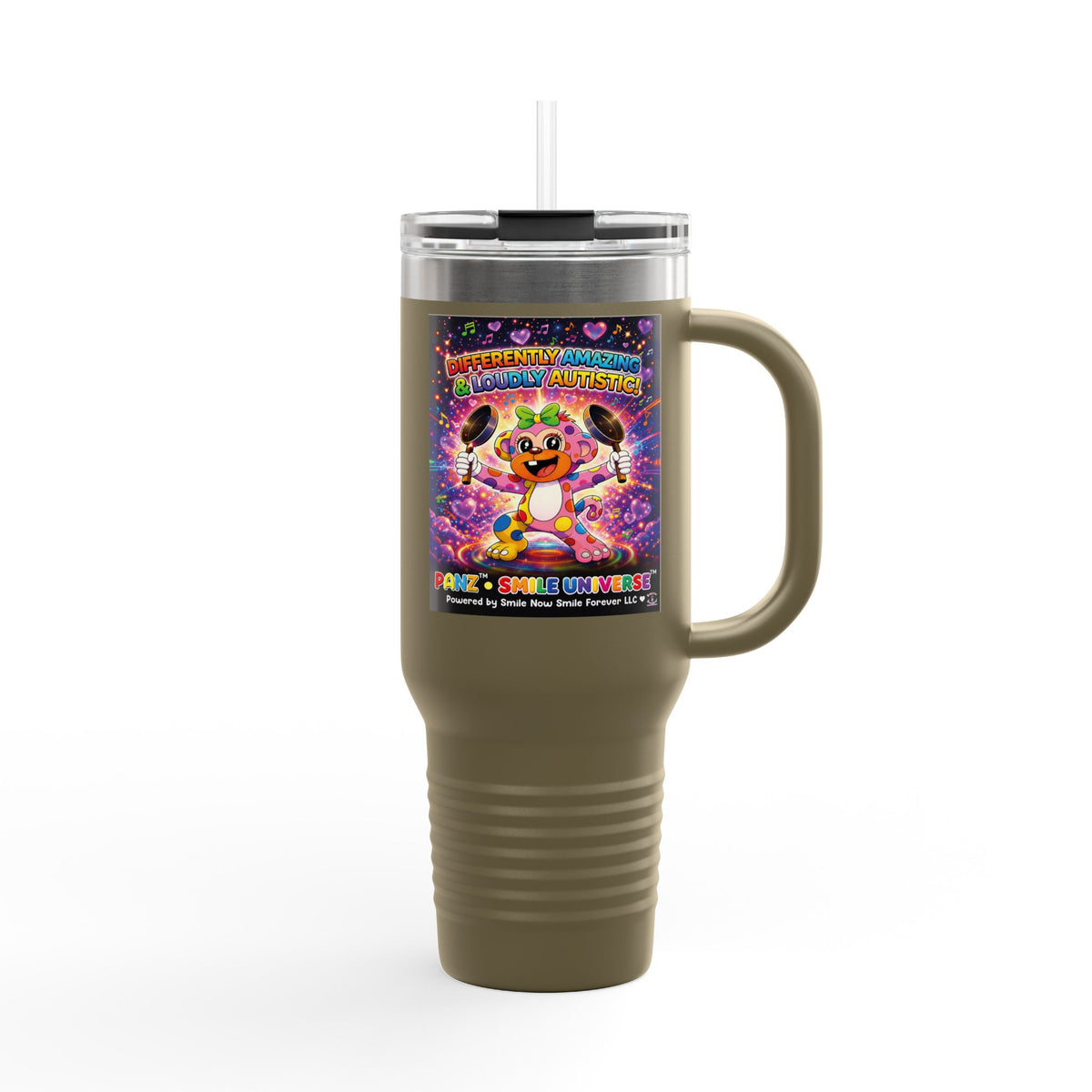 Panz™ 40oz Insulated Travel Mug – "Differently Amazing & Loudly Autistic!" Graphic | Smile Universe Collection