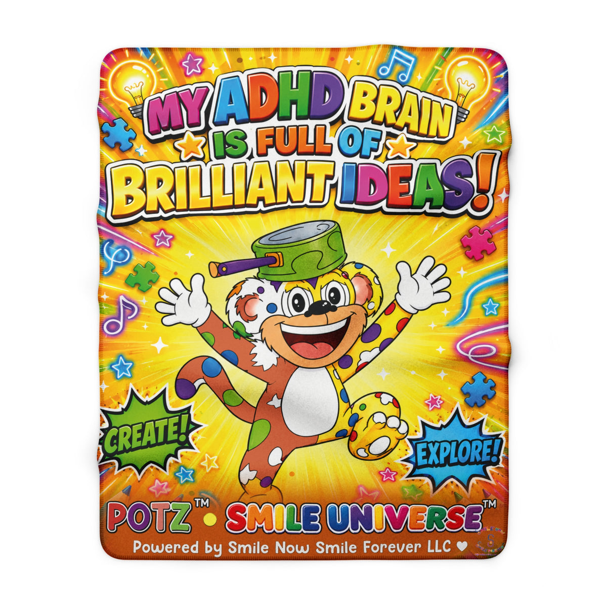 Potz™ Sherpa Fleece Blanket – "My ADHD Brain is Full of Brilliant Ideas!" Graphic Throw | Smile Universe Collection