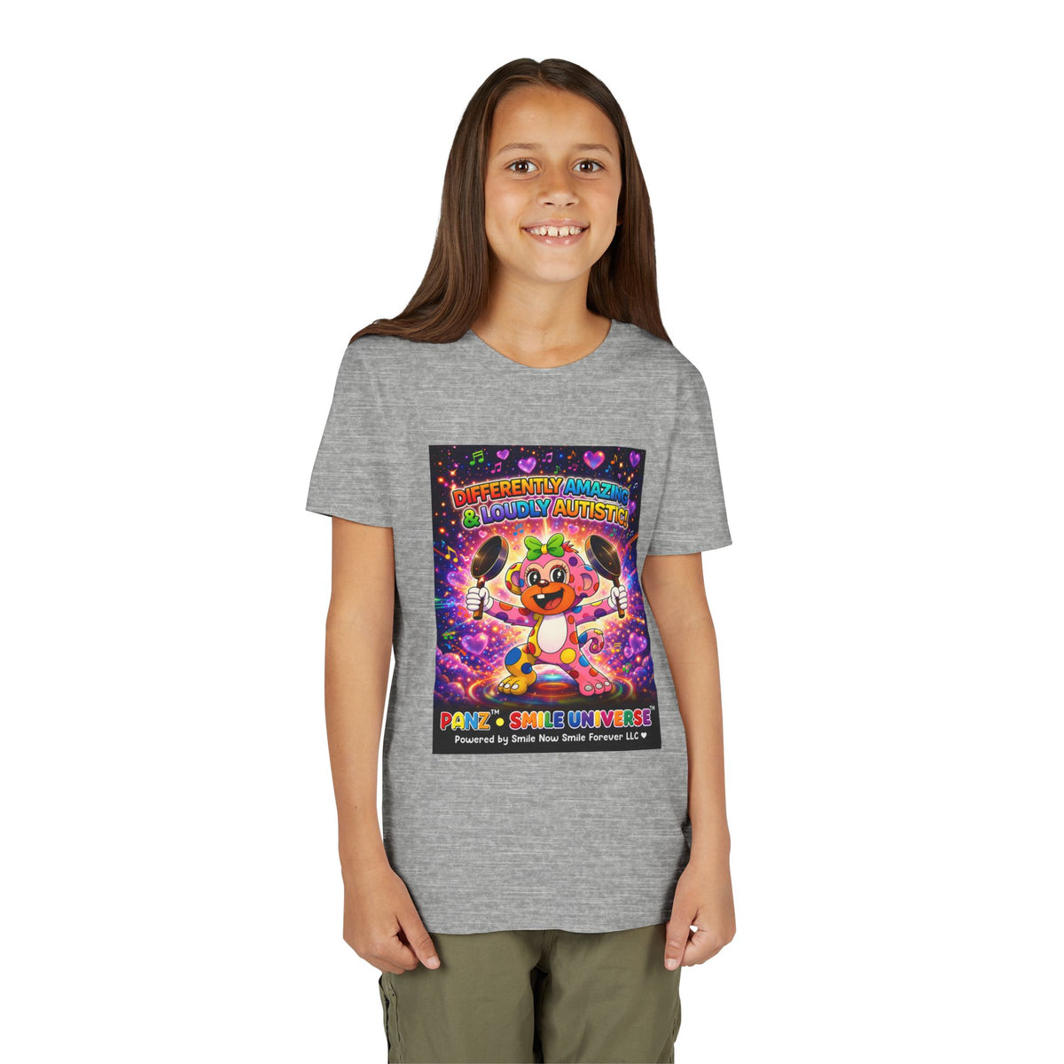Panz™ Youth Short Sleeve Tee – "Differently Amazing & Loudly Autistic!" Graphic | Smile Universe Collection