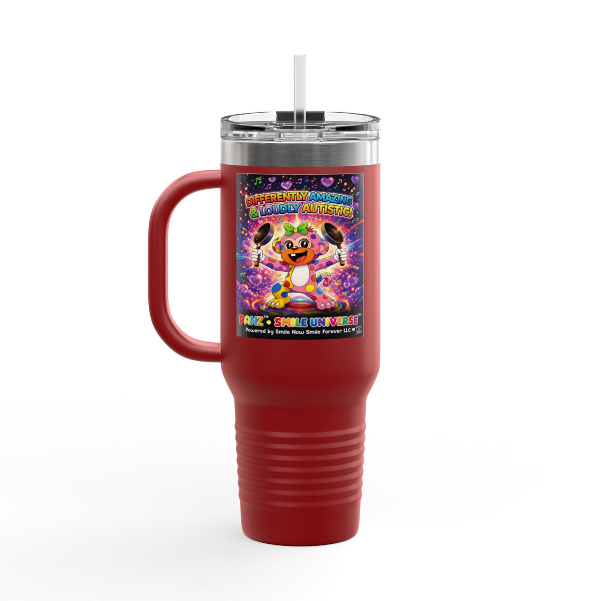 Panz™ 40oz Insulated Travel Mug – "Differently Amazing & Loudly Autistic!" Graphic | Smile Universe Collection