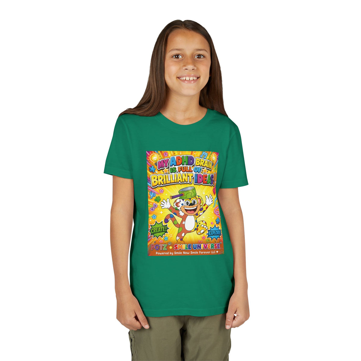 Potz™ Youth Short Sleeve Tee – "My ADHD Brain is Full of Brilliant Ideas!" Graphic Tee | Smile Universe Collection